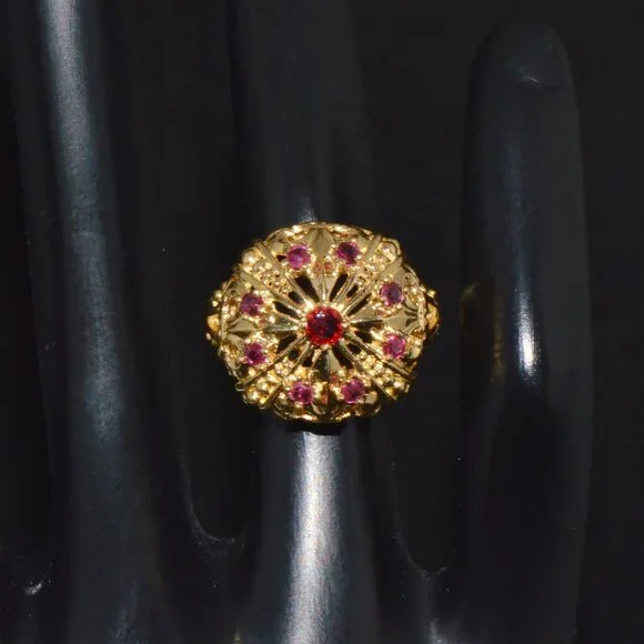 Vintage Franklin Mint Natural Ruby 18K 750 Solid Gold Etruscan Crown Dome Ring